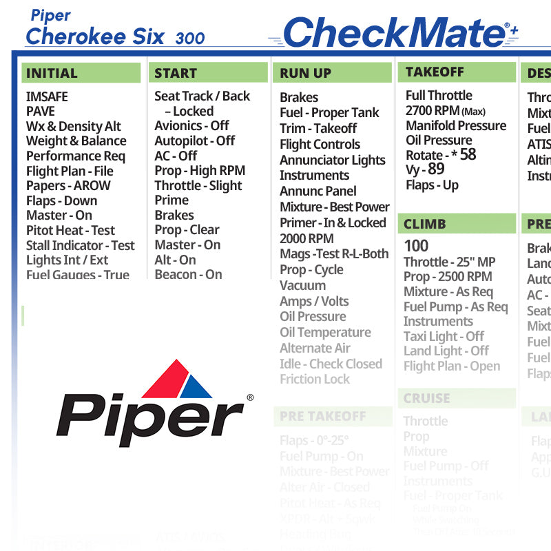 Piper Cherokee Six 300 Multi Page Checklist PA CHE6 300