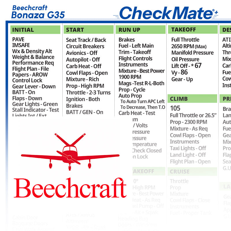 A printed reference for a Beechcraft Bonaza G35, showing flight manual checklist steps from initial settings through takeoff, climb, and cruise.