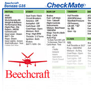 A printed reference for a Beechcraft Bonaza G35, showing flight manual checklist steps from initial settings through takeoff, climb, and cruise.